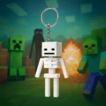 Brelok szkielet inspirowany Minecraft przy blokowym ognisku