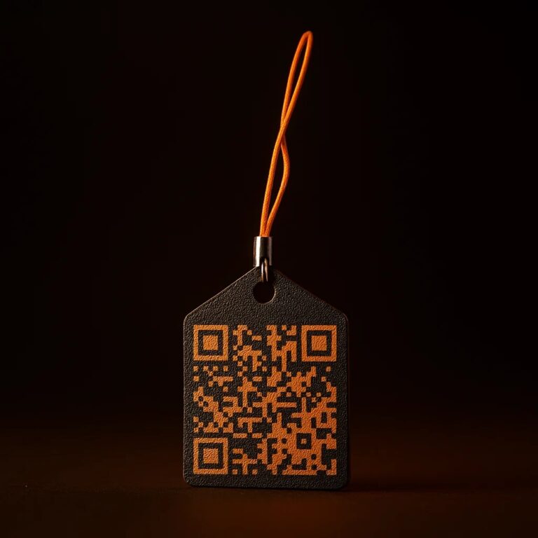 Brelok z pomarańczowym kodem QR na czarnym tle