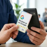 Karta NFC Review us on Google przykładana do smartfona