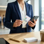 Biała karta NFC Google Opinie trzymana przy telefonie
