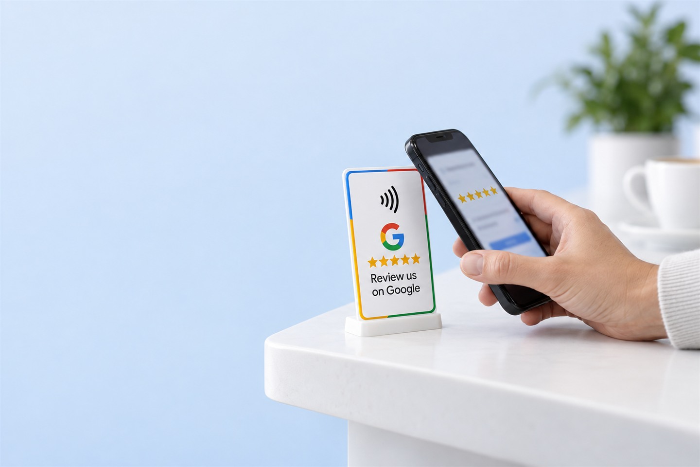 Telefon zbliżony do karty NFC „Review us on Google” na ladzie
