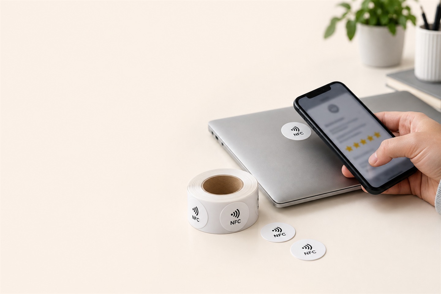 Telefon zbliżony do naklejki NFC na laptopie, obok rolka naklejek