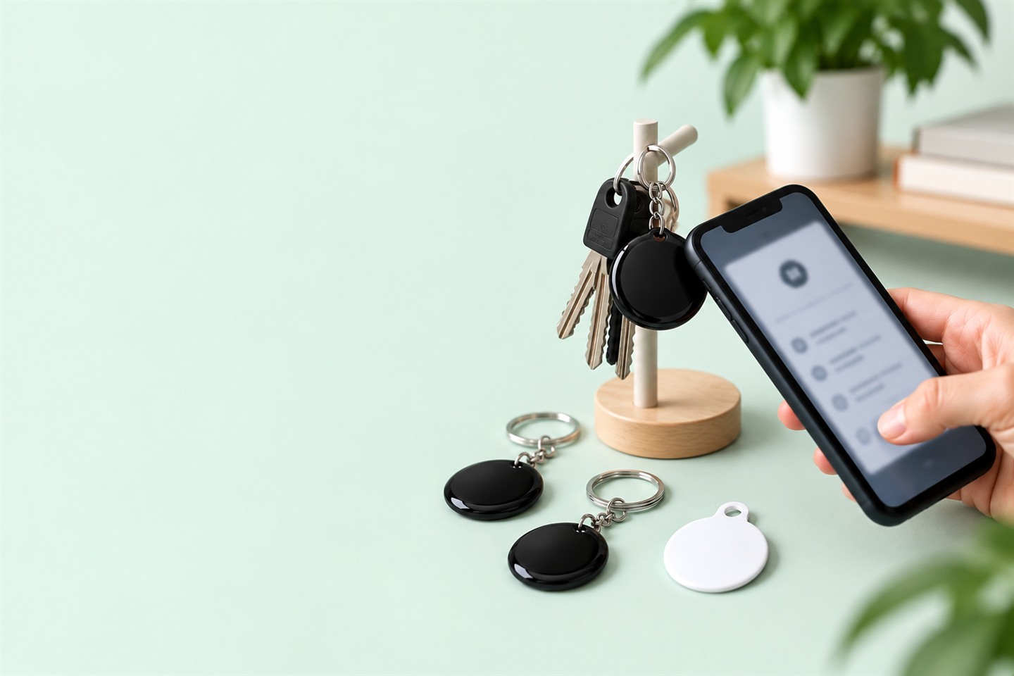 Telefon zbliżony do breloka NFC przy kluczach, obok kolejne breloki